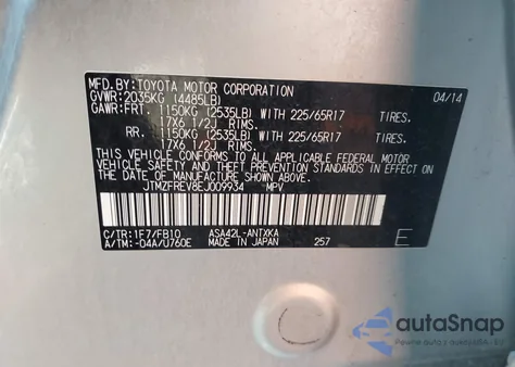 2014 Toyota Rav4 Le из США, поврежденный, VIN JTMZFREV8EJ009934